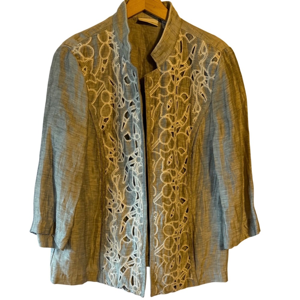 Chicos Linen Blend Open Front Embroidered Jacket Women Size 2 Gray US size 12